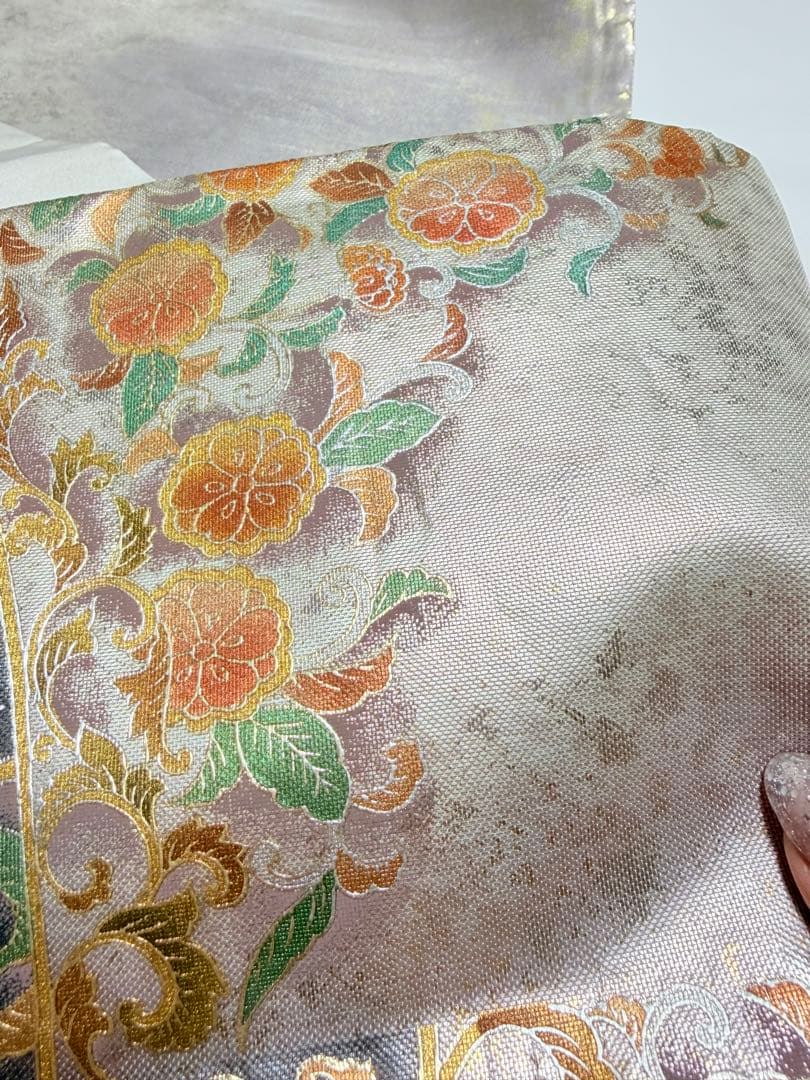 高級 袋帯 正絹 お太鼓柄 シルバー 金彩加工 花文様 ラメ 訪問着 付け下げ