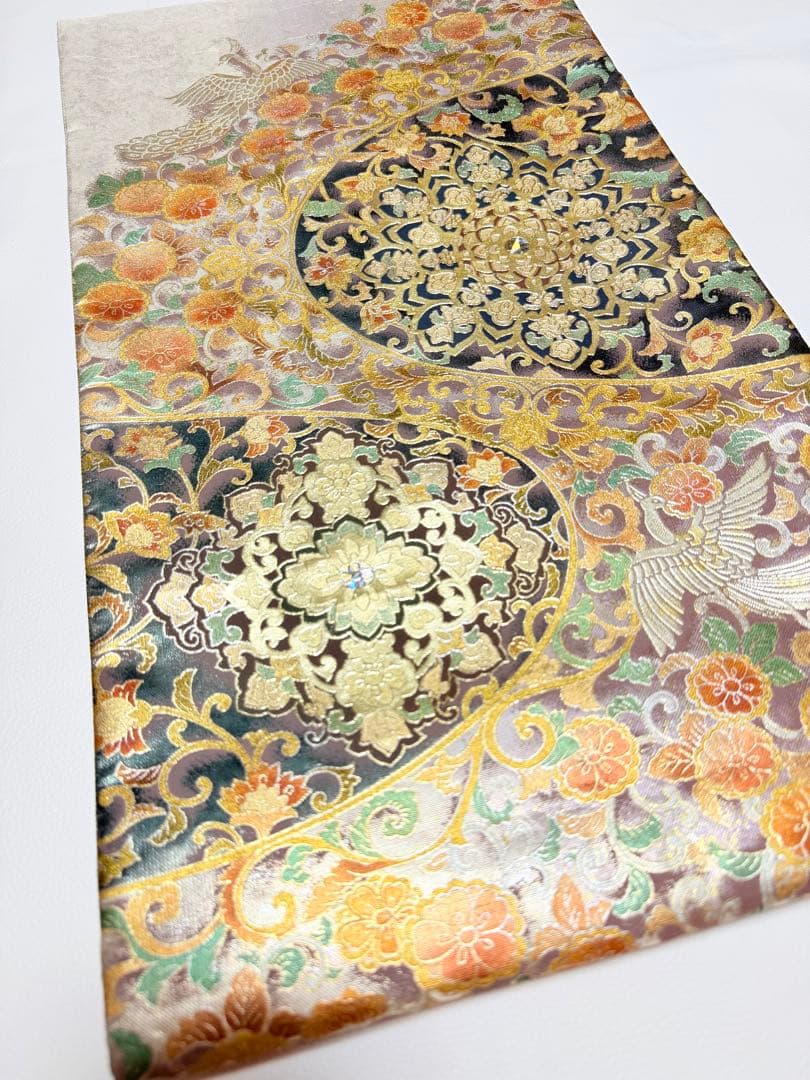 高級 袋帯 正絹 お太鼓柄 シルバー 金彩加工 花文様 ラメ 訪問着 付け下げ
