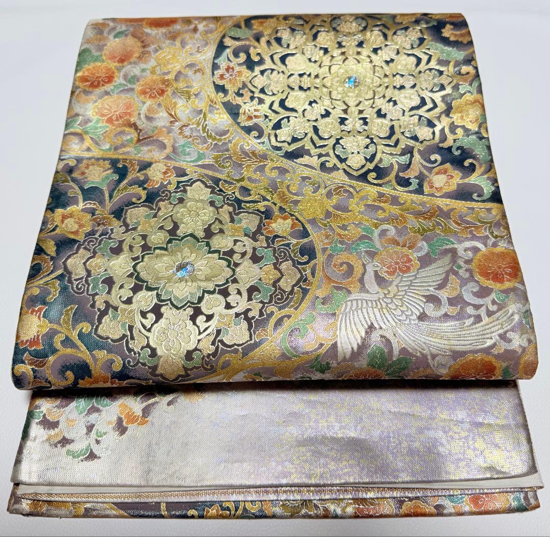 高級 袋帯 正絹 お太鼓柄 シルバー 金彩加工 花文様 ラメ 訪問着 付け下げ