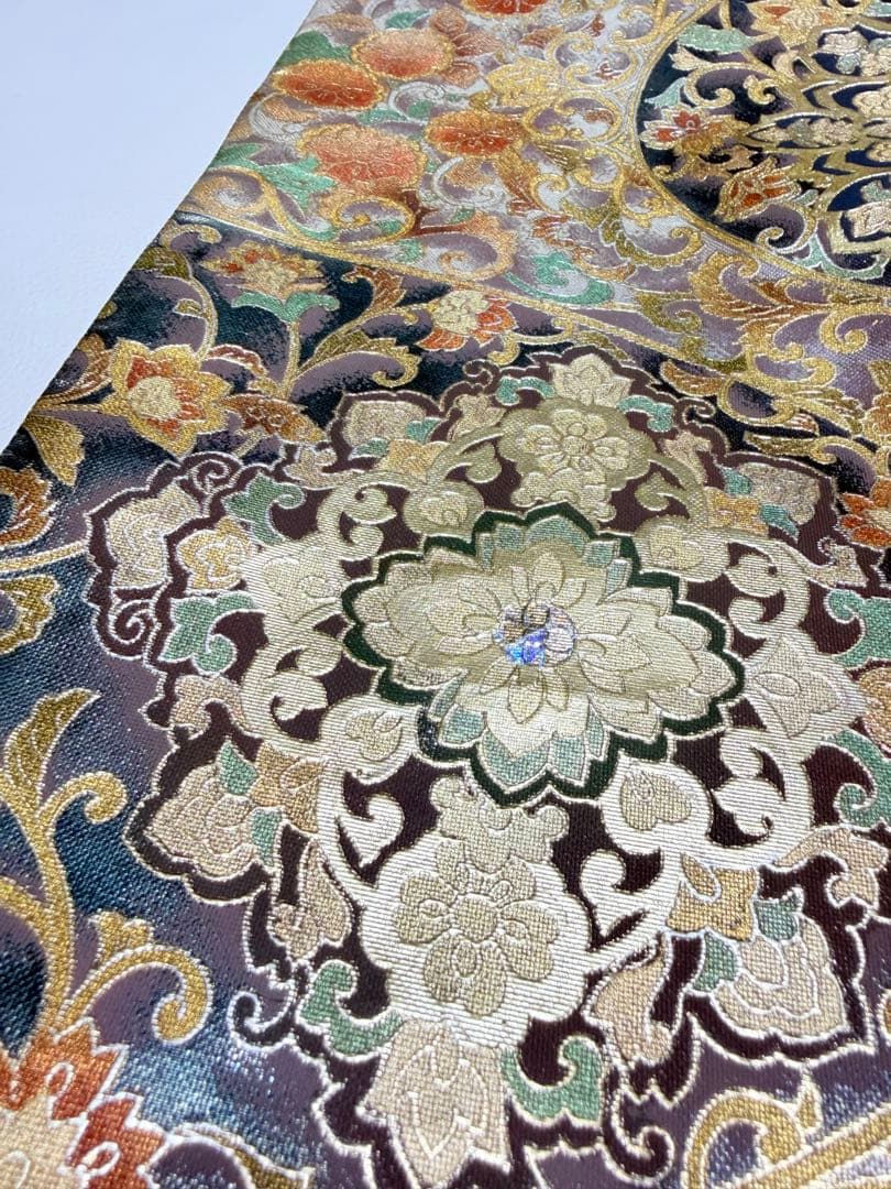 高級 袋帯 正絹 お太鼓柄 シルバー 金彩加工 花文様 ラメ 訪問着 付け下げ