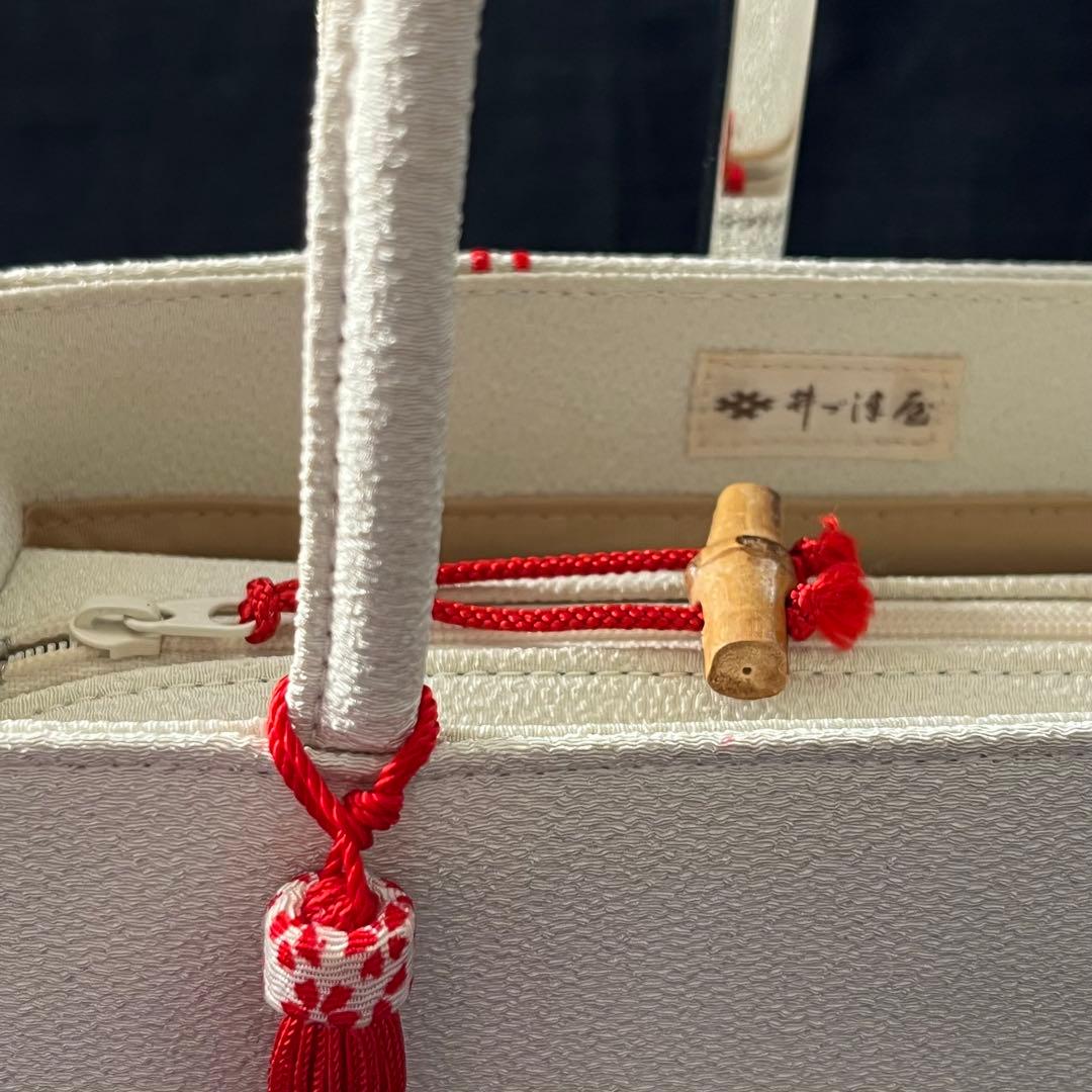 ちりめん　利休バッグ　紅白　ハンドバッグ　桜チャーム　和装　お茶席　入学式