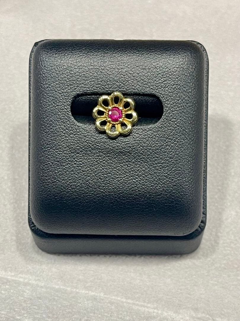 18K金の花デザイン ルビー宝石 ピンブローチ K18YG Gold ゴールド