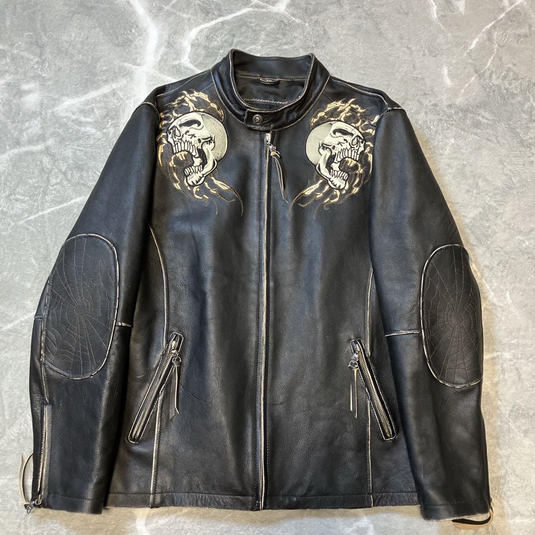【美品】 Affliction シングルライダースジャケット スカル 刺繍 XL