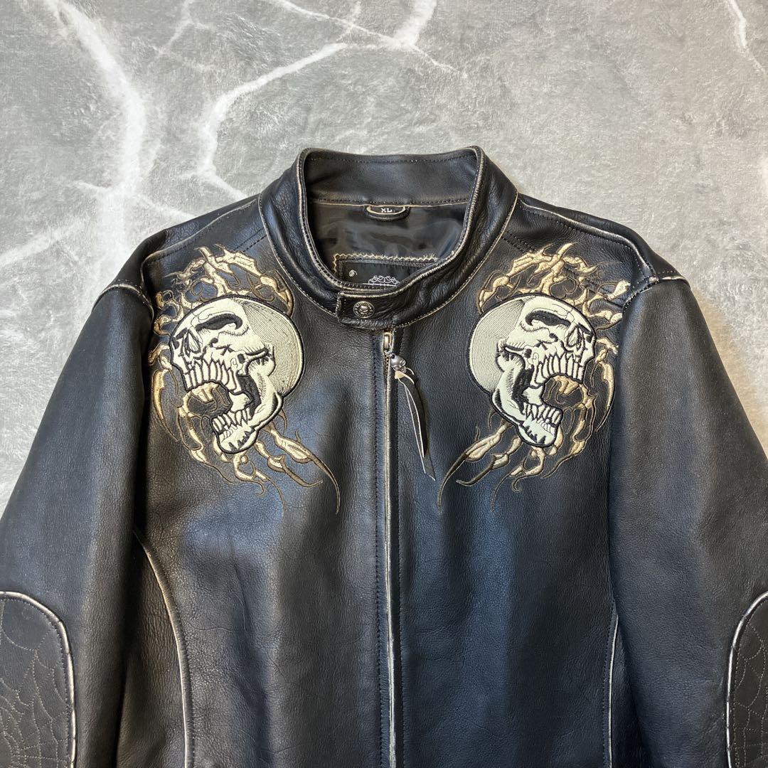 【美品】 Affliction シングルライダースジャケット スカル 刺繍 XL