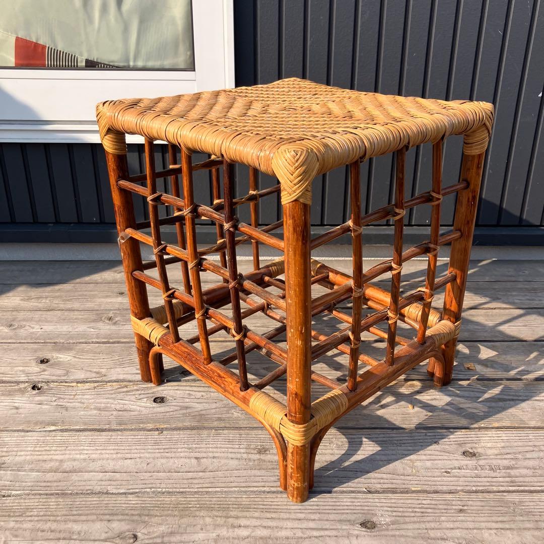 昭和レトロ 四角スツール ラタンスツール 格子型 腰掛け 古家具 ビンテージ