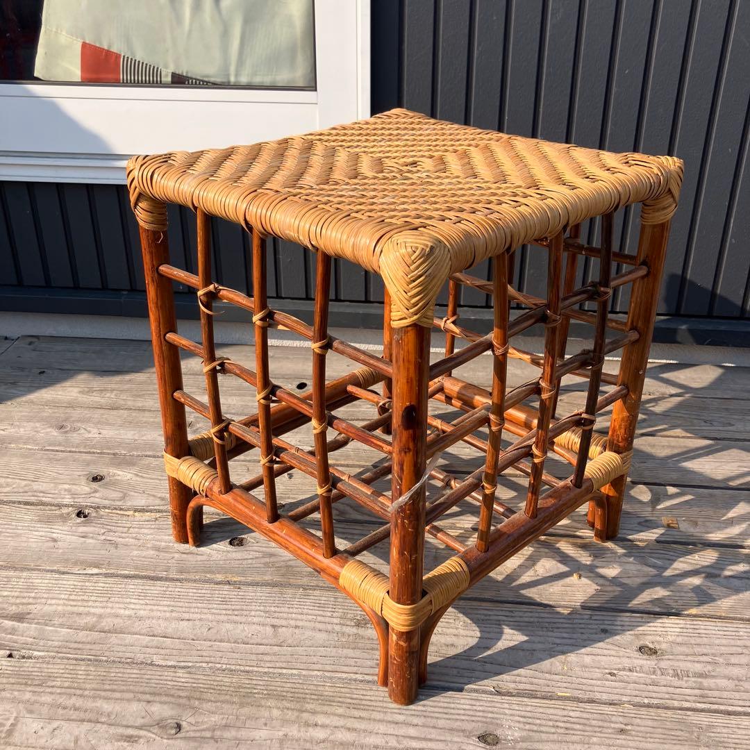 昭和レトロ 四角スツール ラタンスツール 格子型 腰掛け 古家具 ビンテージ