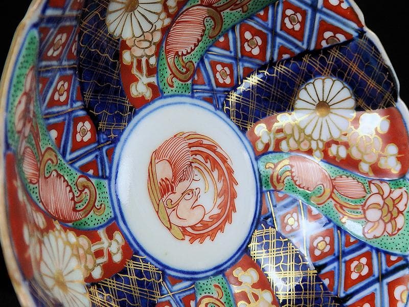 大聖寺伊万里　金襴手　奇玉宝鼎之珍　捻り菊皿　小膾皿４客　C856 AS-CEq