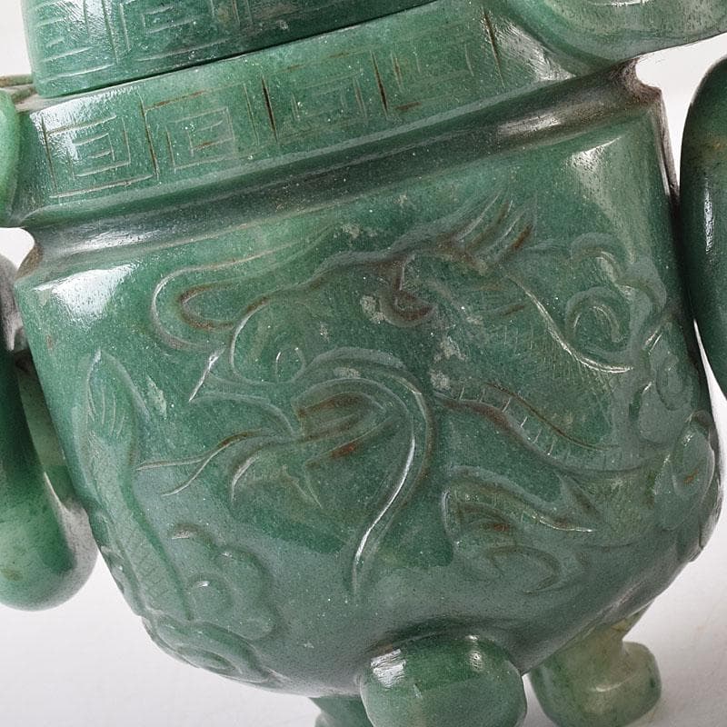 中国　玉石翡翠彫刻　雙耳活環　獅子鈕蓋爐　香炉　V　R8792