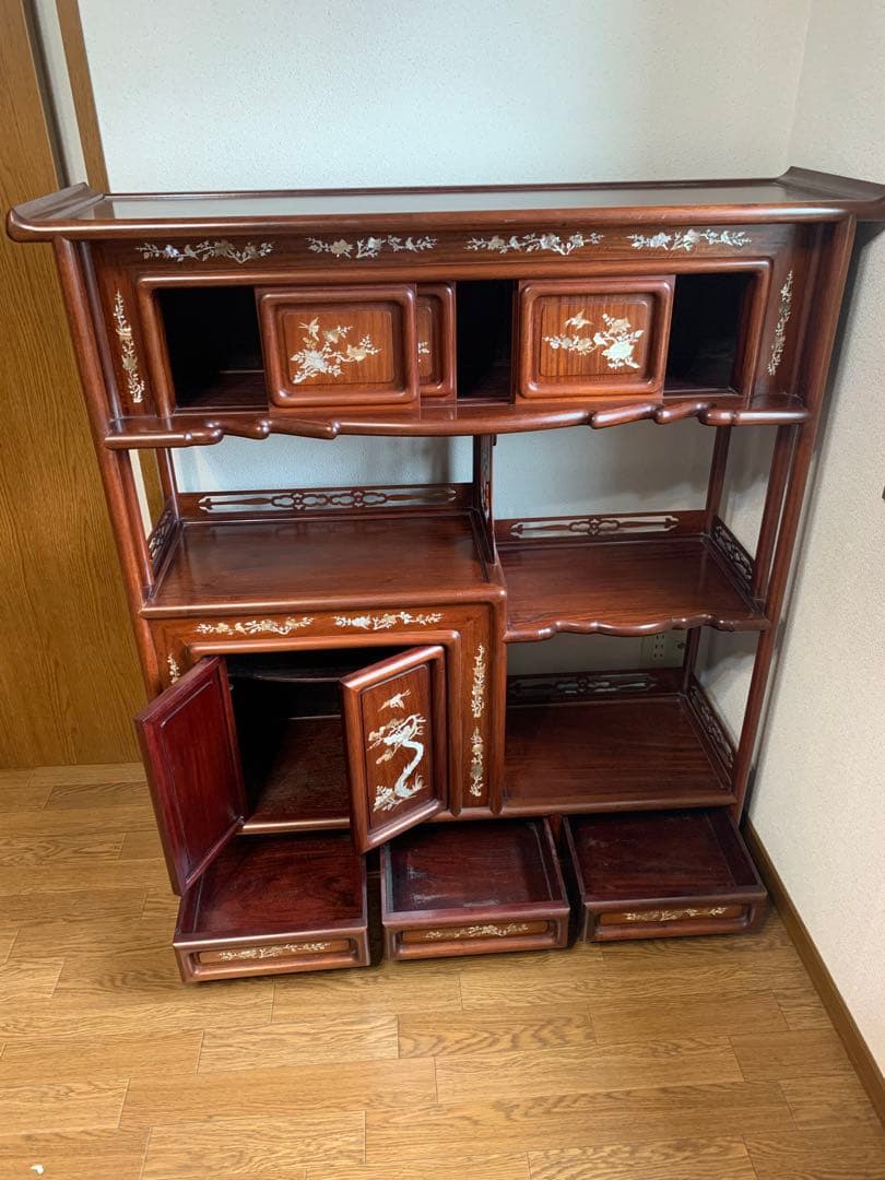 螺鈿細工 茶箪笥 昭和レトロ シェルフ 茶棚 貝 手作り 古道具