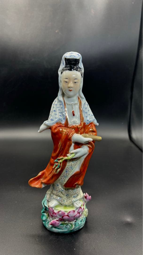 004 中国美術 色絵陶人形 高さ25cm 置物 オブジェ 古董品 觀音像