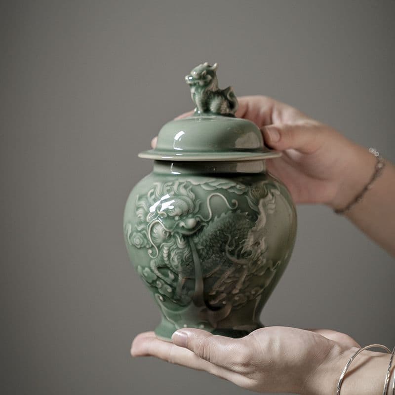 中国美術 茶筒 茶器 茶入れ 青磁 茶道具 麒麟紋 送料込み