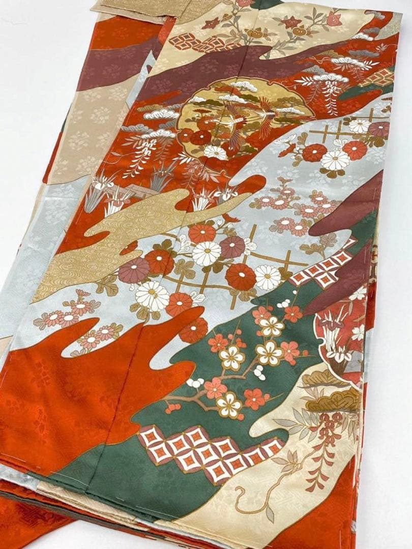 藤井寛 落款入 振袖 未仕立て品 仮絵羽 鶴 七宝繋ぎ 金駒 金彩 紋意匠 正絹