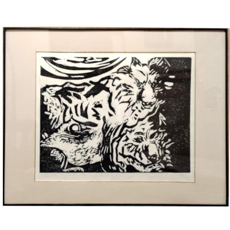 ☆ 大島 龍 ☆「オオカミ（仮題）」木版画　1992年制作　MO判　未使用額！