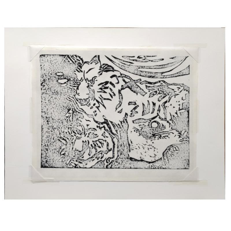 ☆ 大島 龍 ☆「オオカミ（仮題）」木版画　1992年制作　MO判　未使用額！