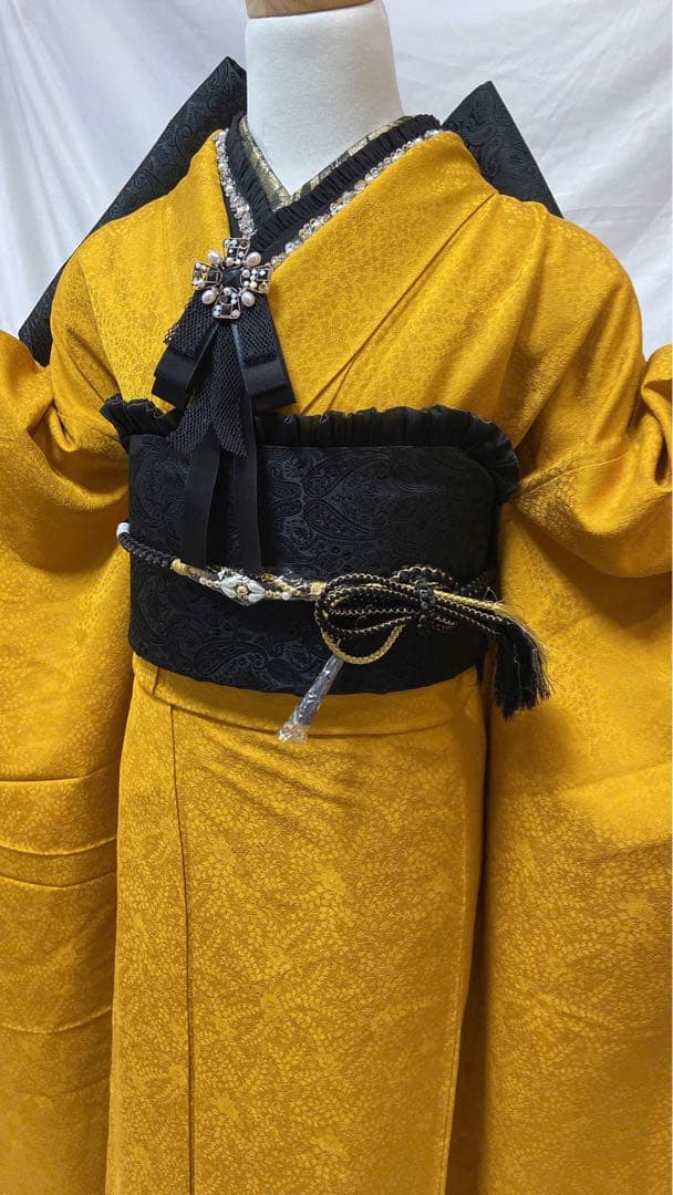 人気黄色無地振袖　成人式　フルセット　正絹　振袖フルセット