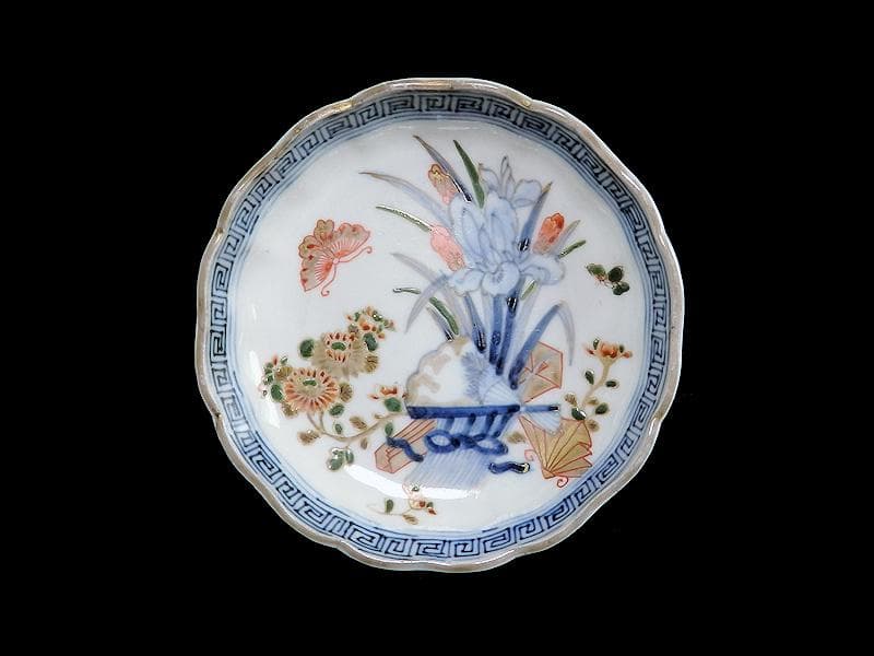 古伊万里　染錦　菖蒲に菊の図　４寸半皿　４客　D869AS-BXp