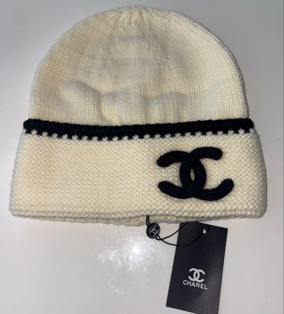 CHANEL ニット帽 帽子 ビーニー 白 ホワイト ベージュ