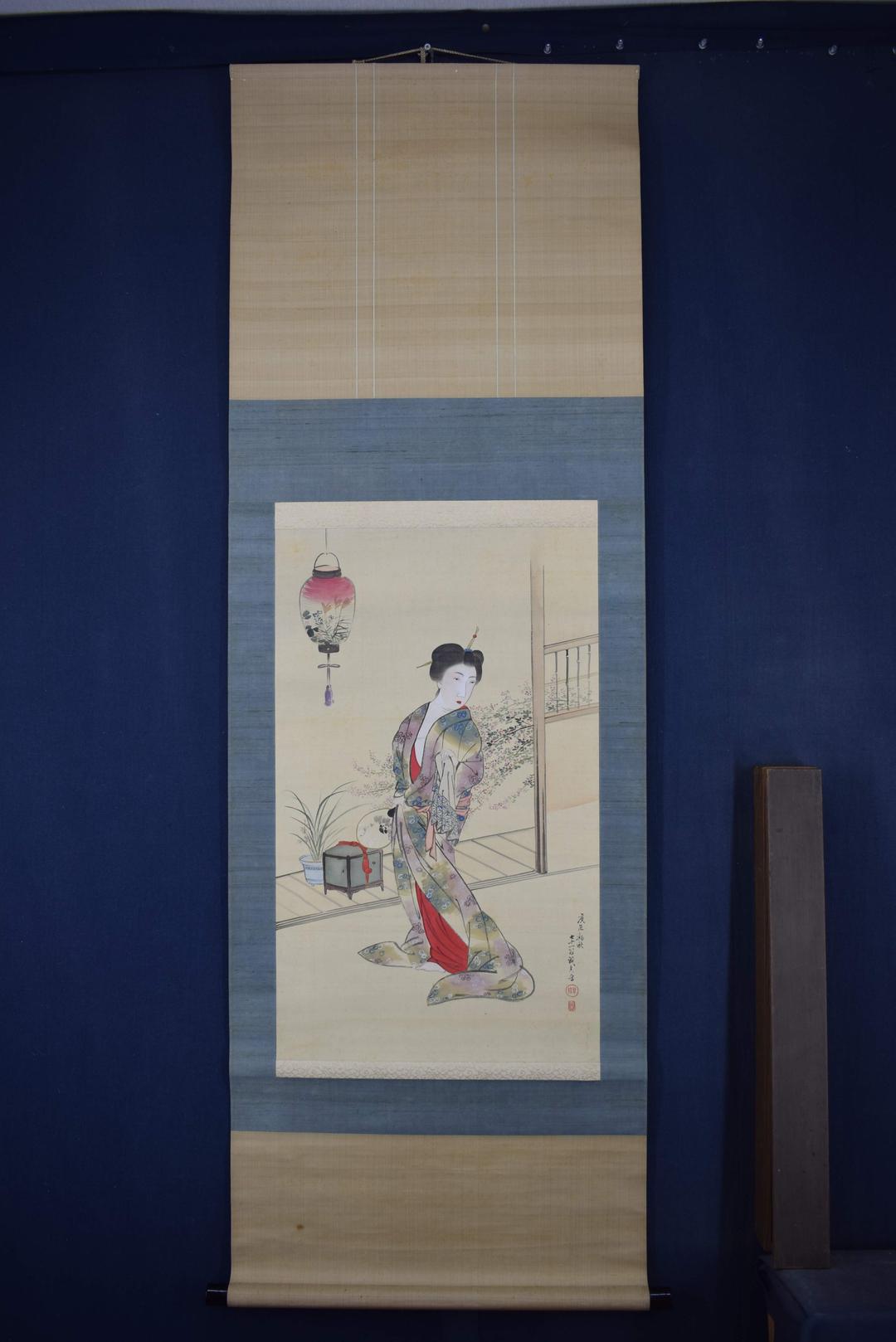【真作】立松義寅/美人画/納涼美人/美婦湯上り/掛軸☆宝船☆Y-333　JM
