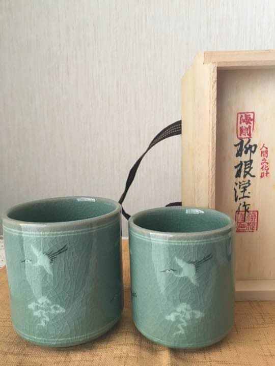 柳 海剛 高麗青磁 象嵌雲鶴文夫婦湯のみ