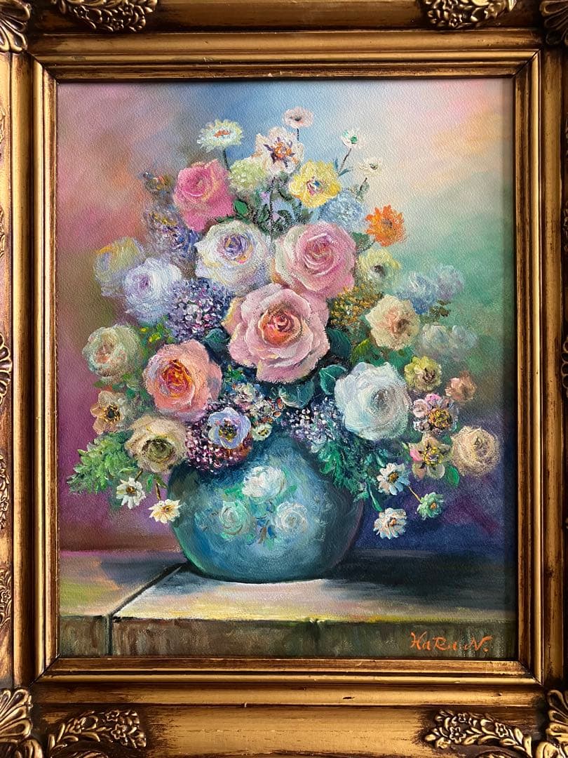 HaRu 薔薇 花 花瓶 1点物 真作 原画 絵画 油絵 ♪ アンティーク 額縁