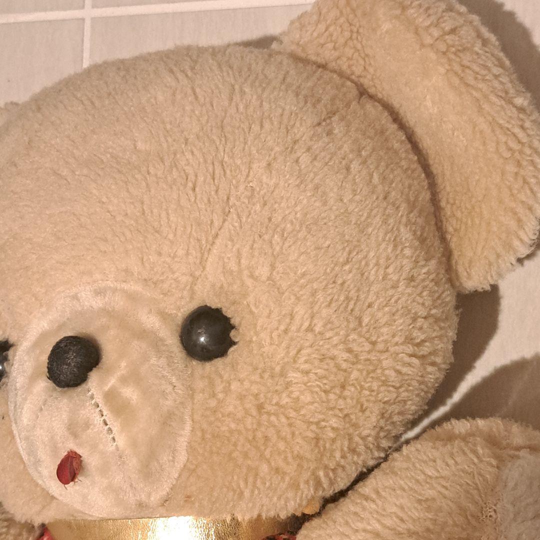 昭和レトロなベージュのチェック柄お洋服のクマ　ヴィンテージ　ビンテージ　当時物