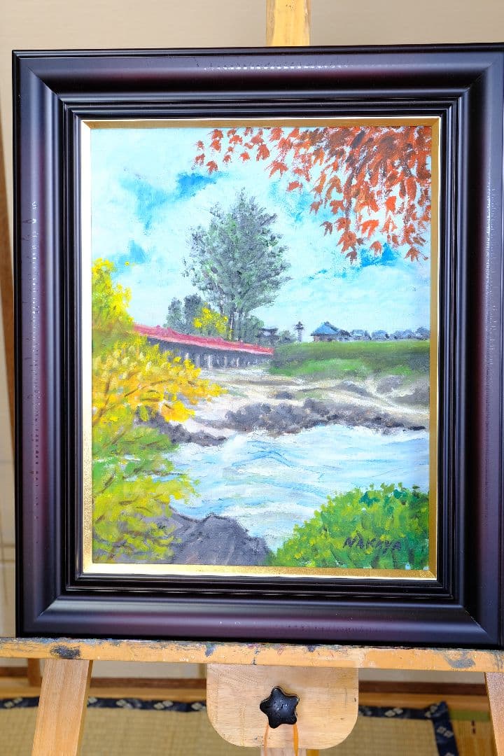 銀杏と御社橋　油絵　額縁付き