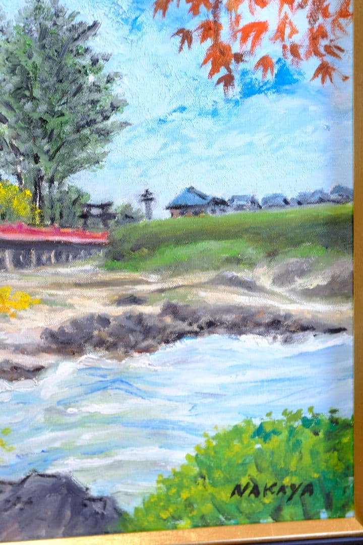 銀杏と御社橋　油絵　額縁付き