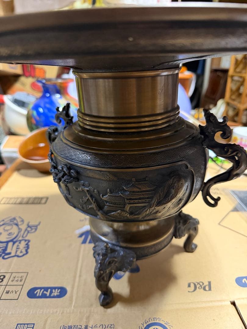 高岡銅器　米田陵山　薄端　楼閣山水図　龍耳獣足　ビンテージ