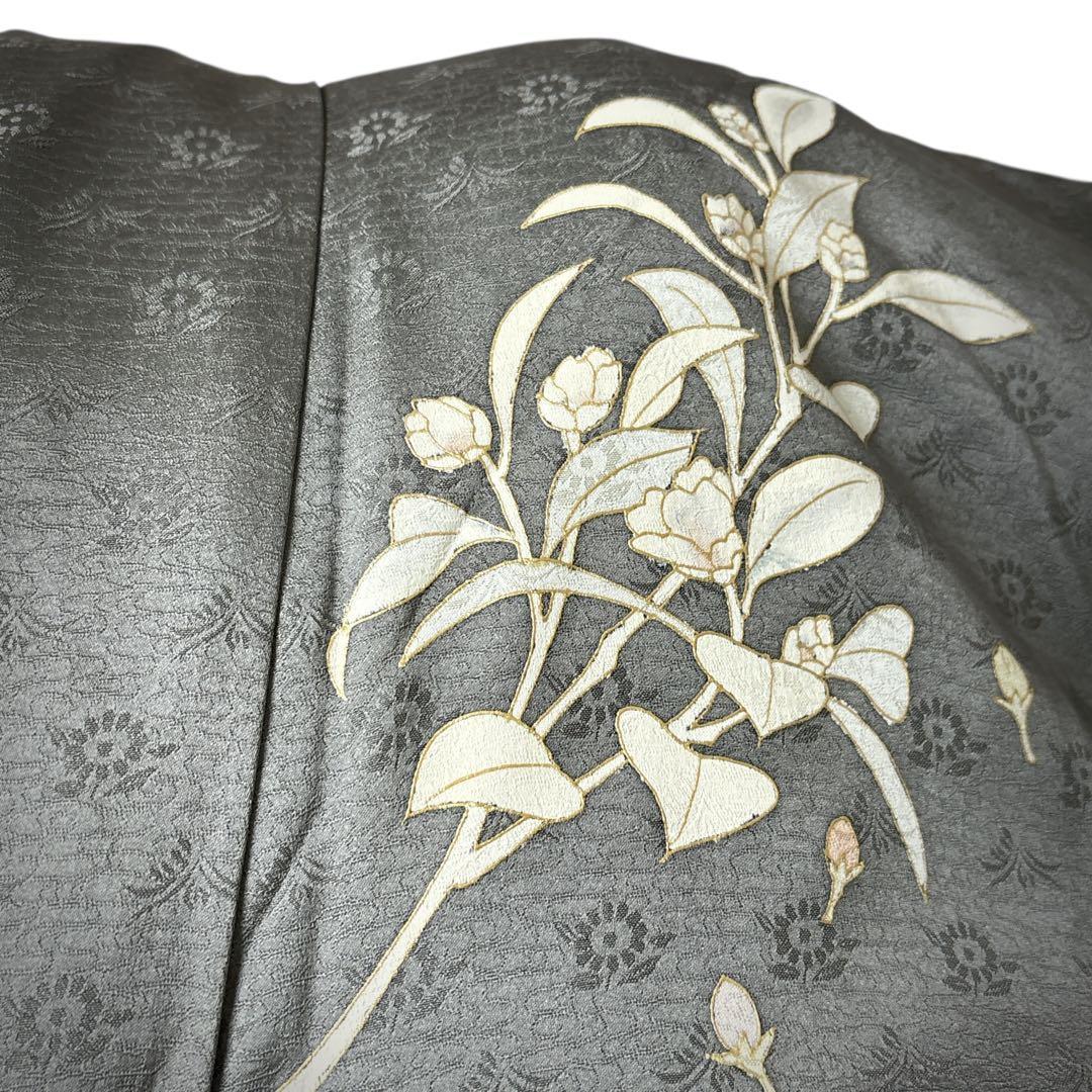 A151愛華 訪問着　錆鼠色　花地紋　染め花　正絹　フォーマル　身丈164cm