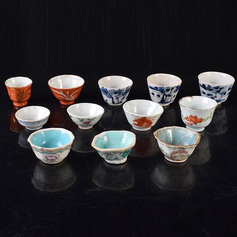 中国　青花山水文　粉彩花文など　盃　12客まとめて　M　R8128