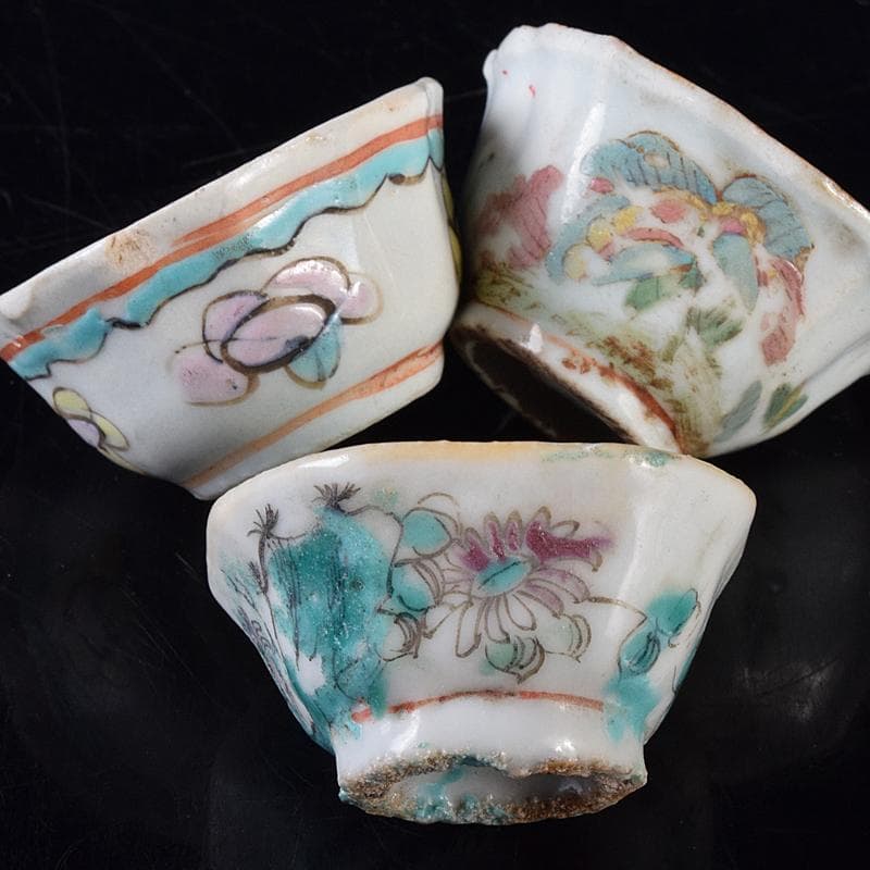 中国　青花山水文　粉彩花文など　盃　12客まとめて　M　R8128