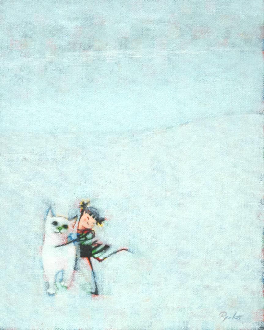 油絵 菅家令子 絵 絵画インテリア 額付(黒) F3-091918 子猫と女の子