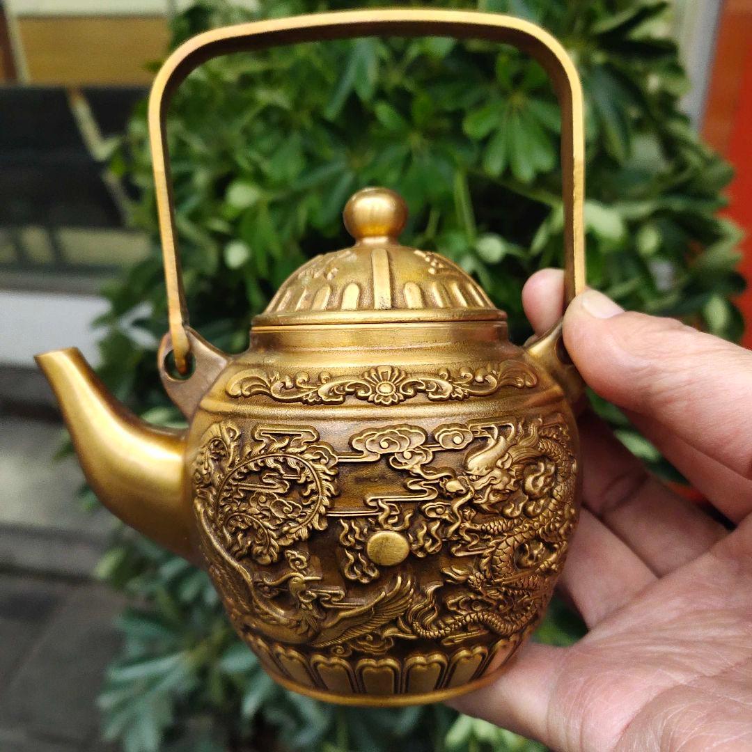 龍鳳呈祥提梁茶壺 酒壺 茶道 工芸 置物 銅製