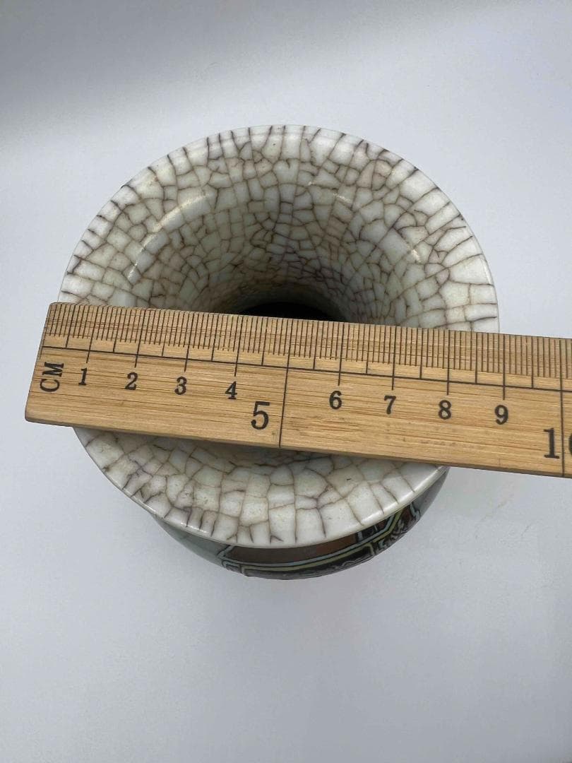 清康熙時代 墨書【康熙年製】在銘官汝窯 郊壇 粉彩炉鼎文 詩文花觚 (C-78)