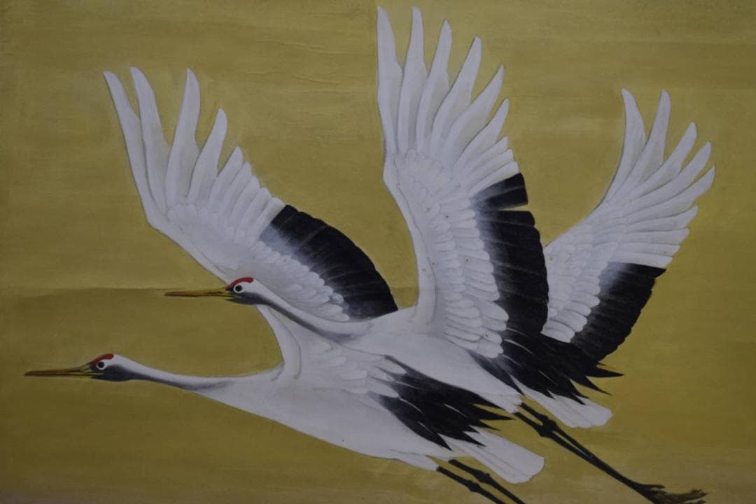 真作/竹内未明/双鶴/舞鶴/金地/鶴翔/桐共箱二重箱付/布袋屋掛軸HG-592