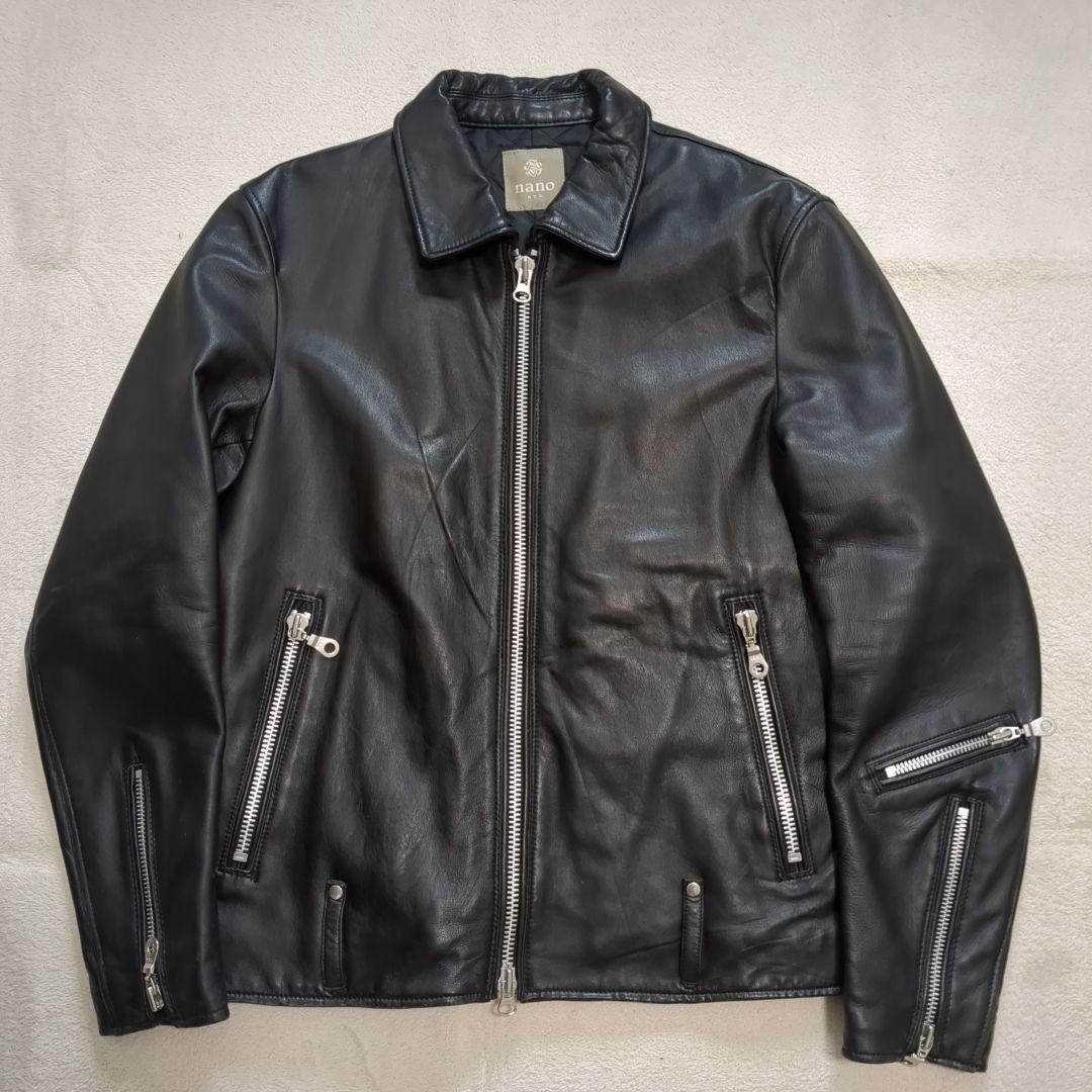 美品 ナノユニバース ラムレザー シングルライダース 裏地キルティング XL