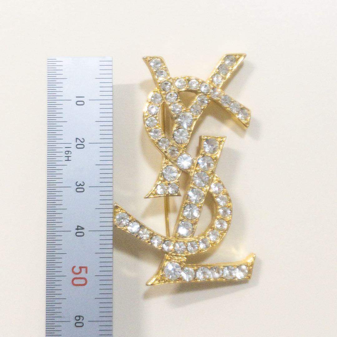 YSL イブサンローラン ロゴ ラインストーン ブローチ ゴールド