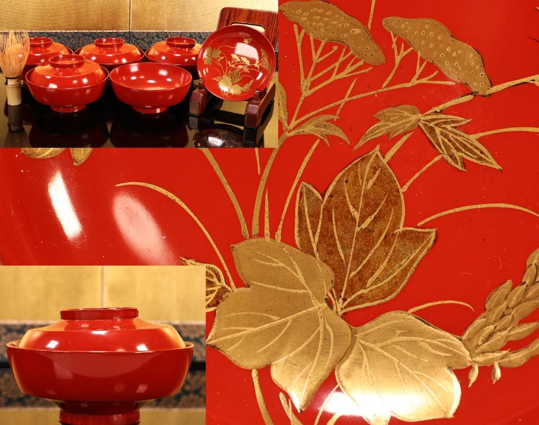 BK421　時代輪島塗　草花図金蒔絵　吸物椀　五客　木製　茶道具 懐石 菓子