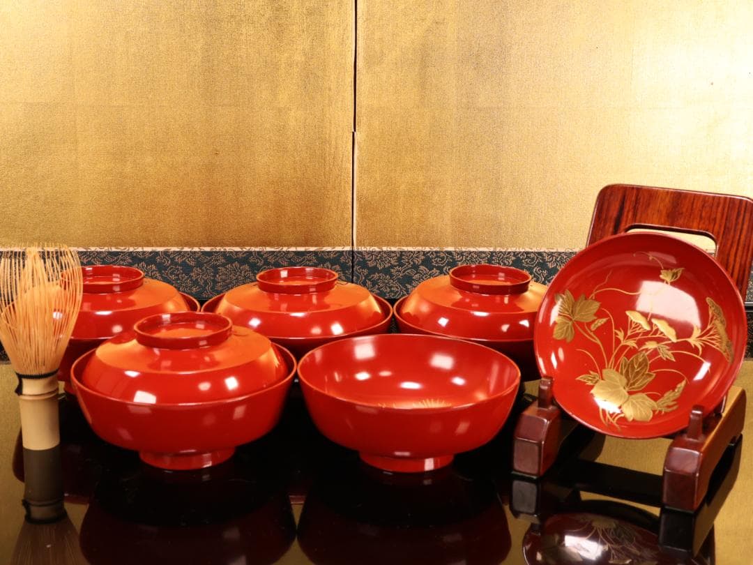 BK421　時代輪島塗　草花図金蒔絵　吸物椀　五客　木製　茶道具 懐石 菓子