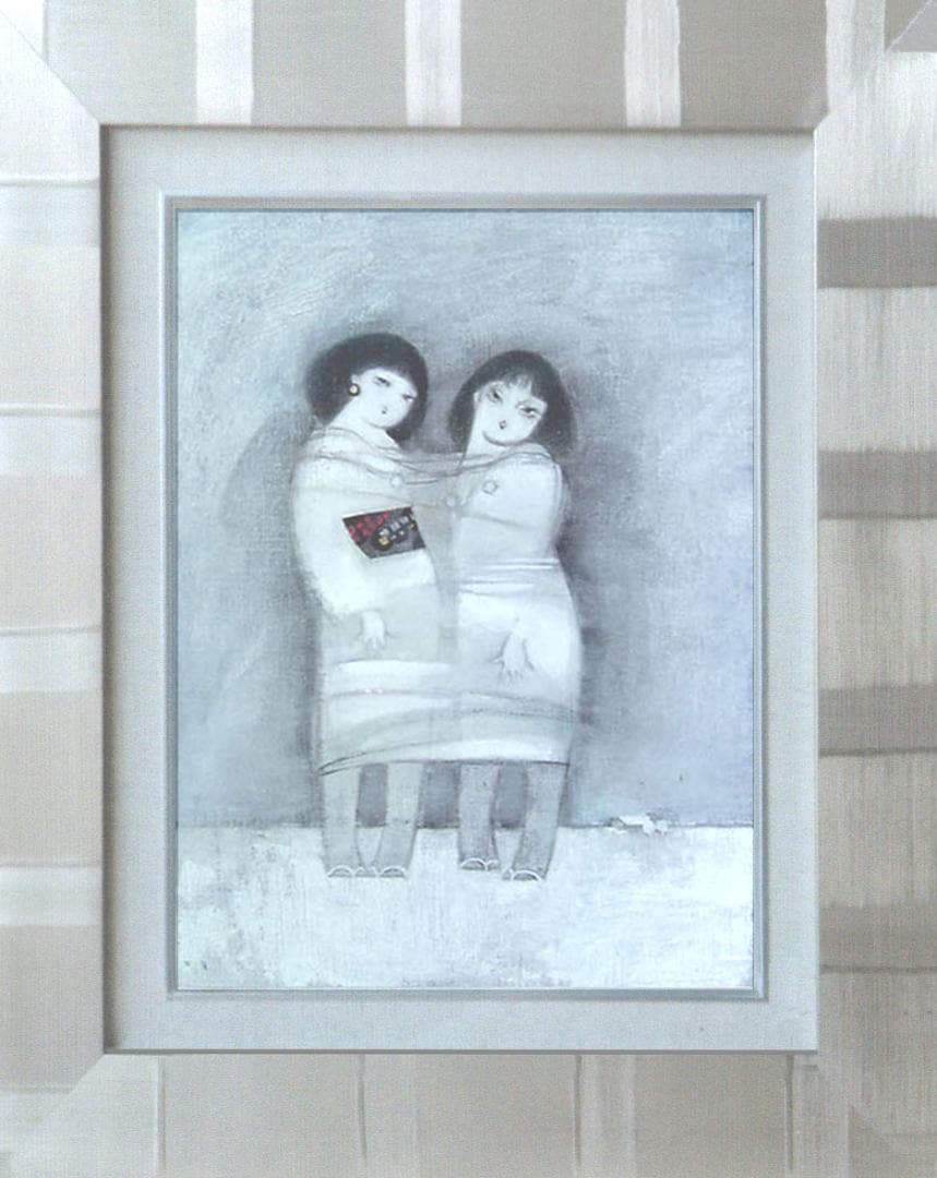 油絵 菅家令子 絵 絵画インテリア額付(銀) F4-42023 人物 雪国の子供