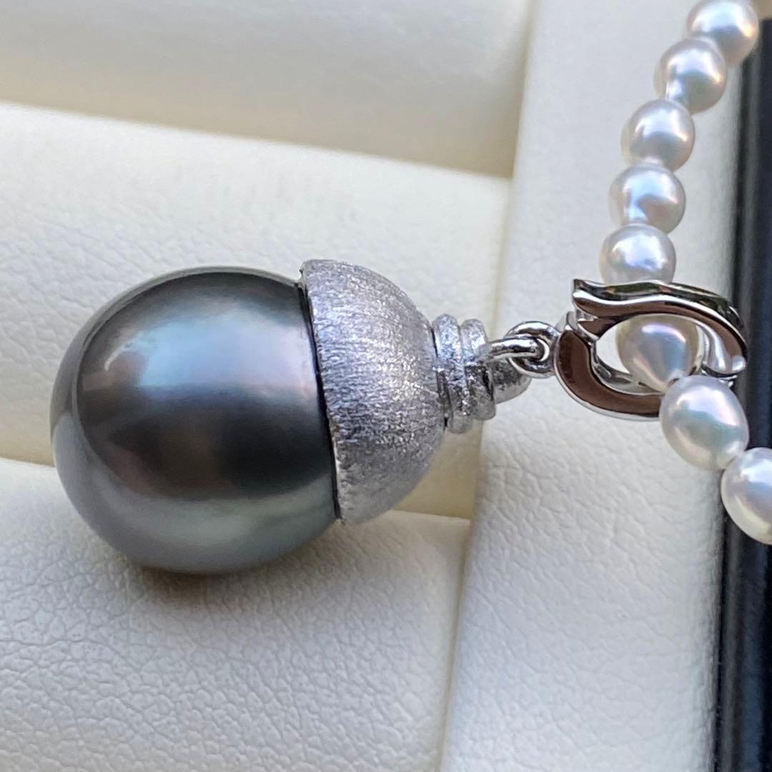 本真珠　南洋黒蝶真珠&あこや真珠ネックレストップ12mmダークグリーンPT826