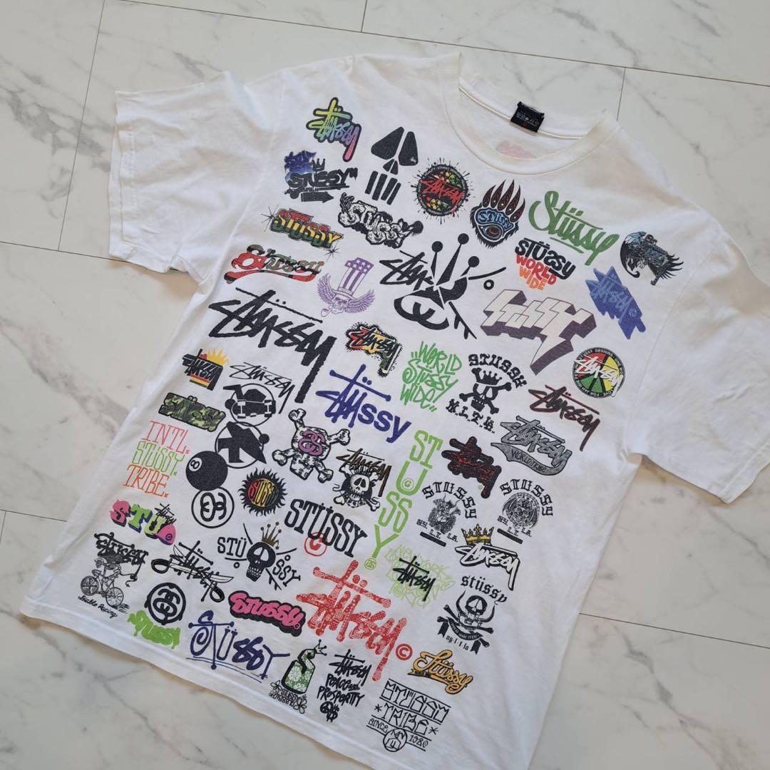 STUSSYステューシー 総柄Tシャツ オール歴代ロゴ 両面プリント Y2K L