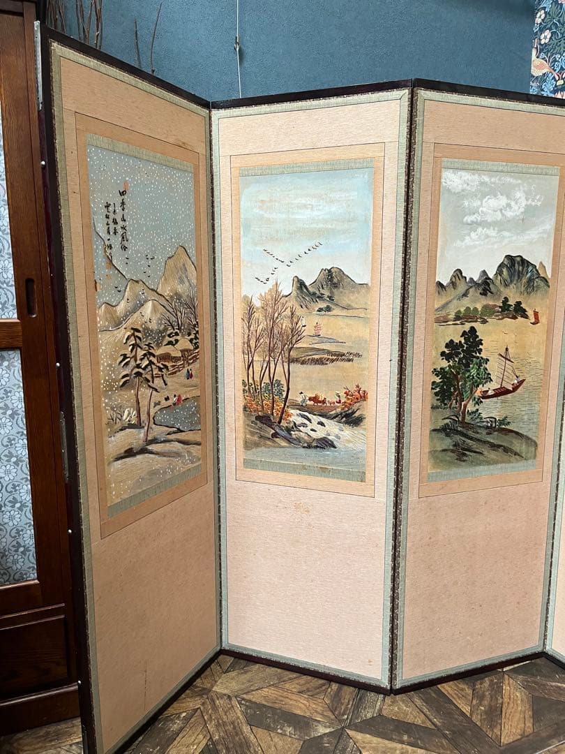 中国屏風 刺繍 雲林山房一修 四季山水 インテリア アンティーク