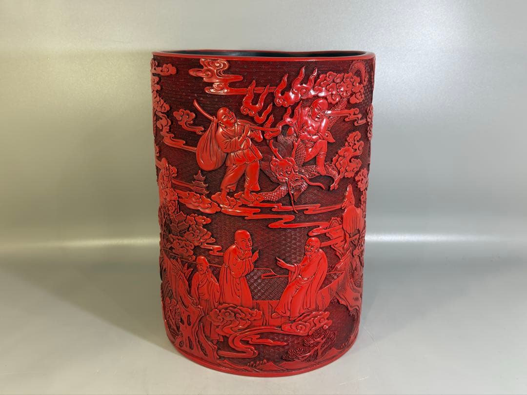 中国 堆朱 刻人物 筒 文房四宝