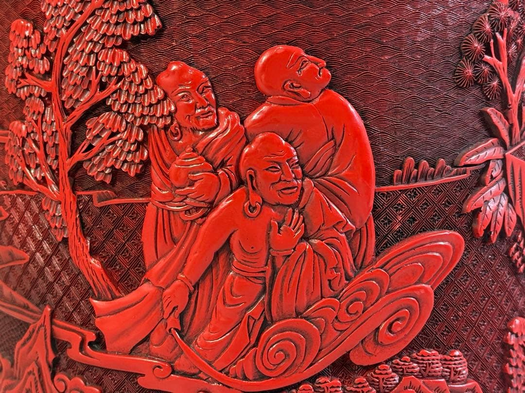 中国 堆朱 刻人物 筒 文房四宝