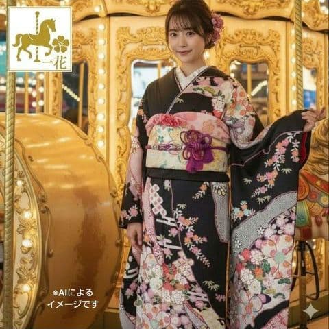 431.クロミちゃんみたいな振袖7点セット 正絹　フルセット　成人式