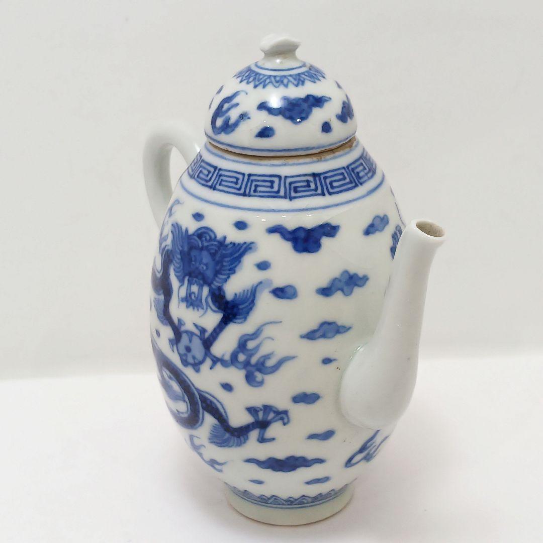 Y2466 清代唐物 新渡 古染付龍細密絵付急須 水注 萬歴年製　ma ten