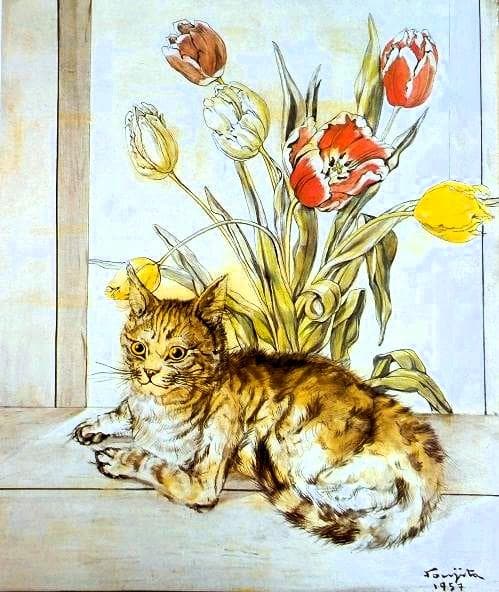 伊藤和生　藤田嗣治作「猫」油彩画にて模写 Ｆ4号 額装