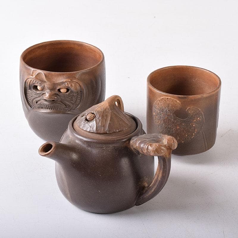 煎茶道具　秋田焼　奥田道遊造　からくり　蛙急須　だるま湯呑　3点　M　7679
