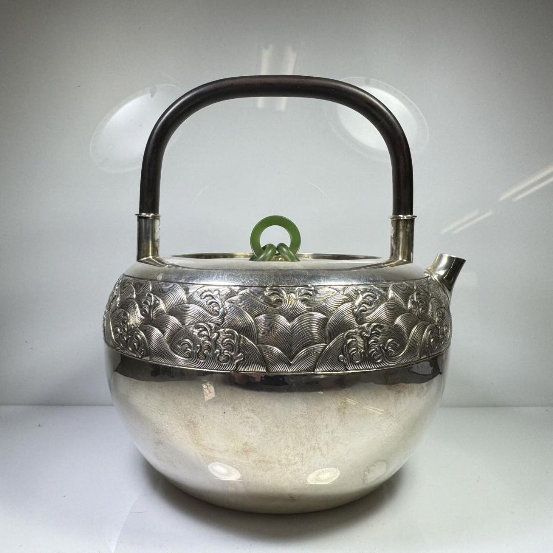 純銀製 東山造 紋波 湯沸 貴石摘 木取手 煎茶道具 古美術品 銀瓶 純銀保証